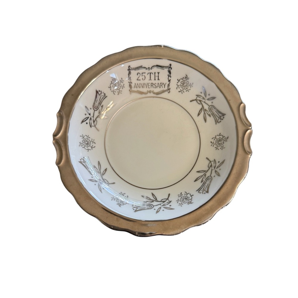 Vintage Sterling China‎ Japan 25th Anniversary Silver Rim Scalloped Plate Bowl